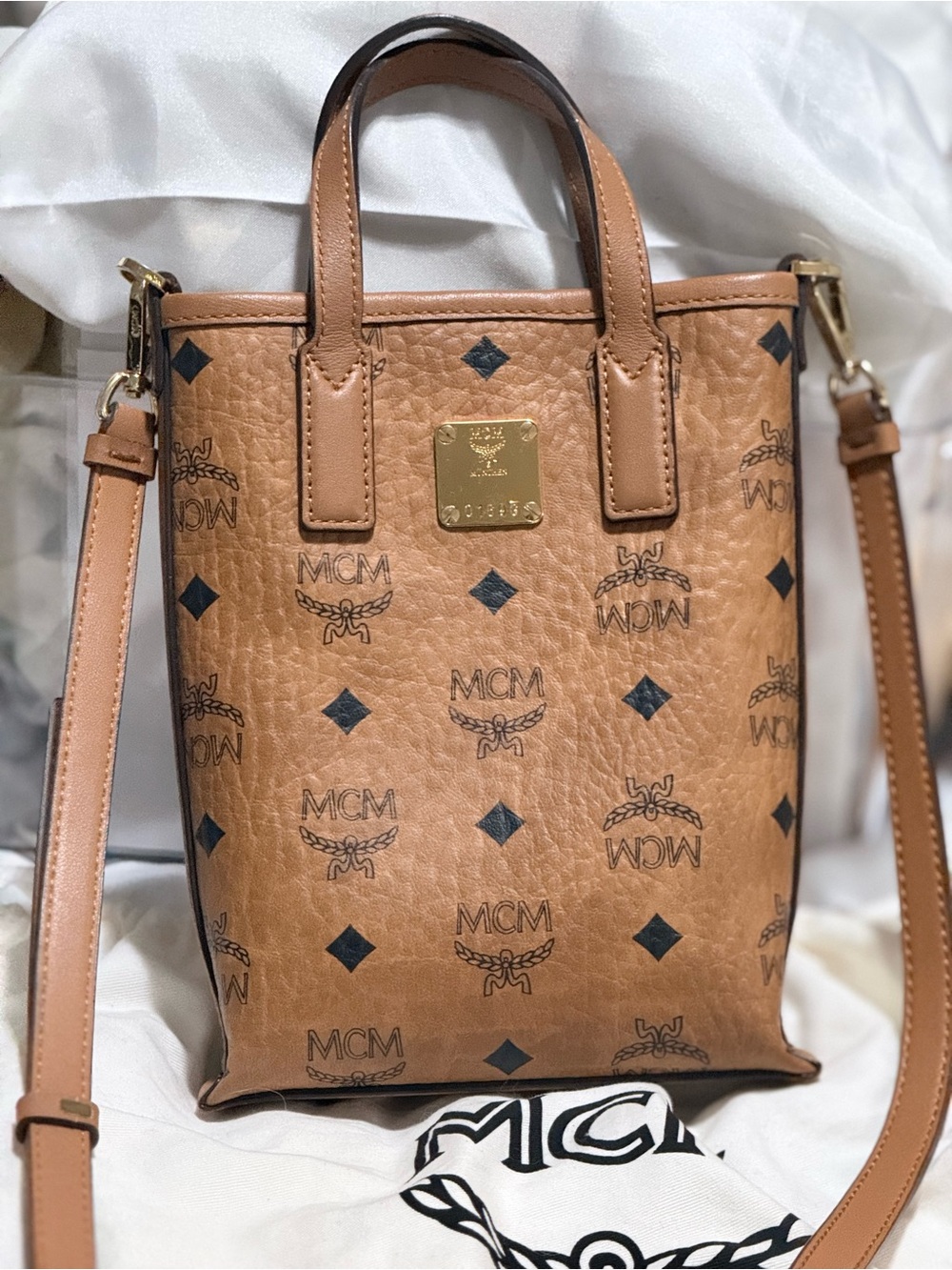 AUTHENTIC Preloved MCM Visetos Cognac Leather Mini Tote Bag